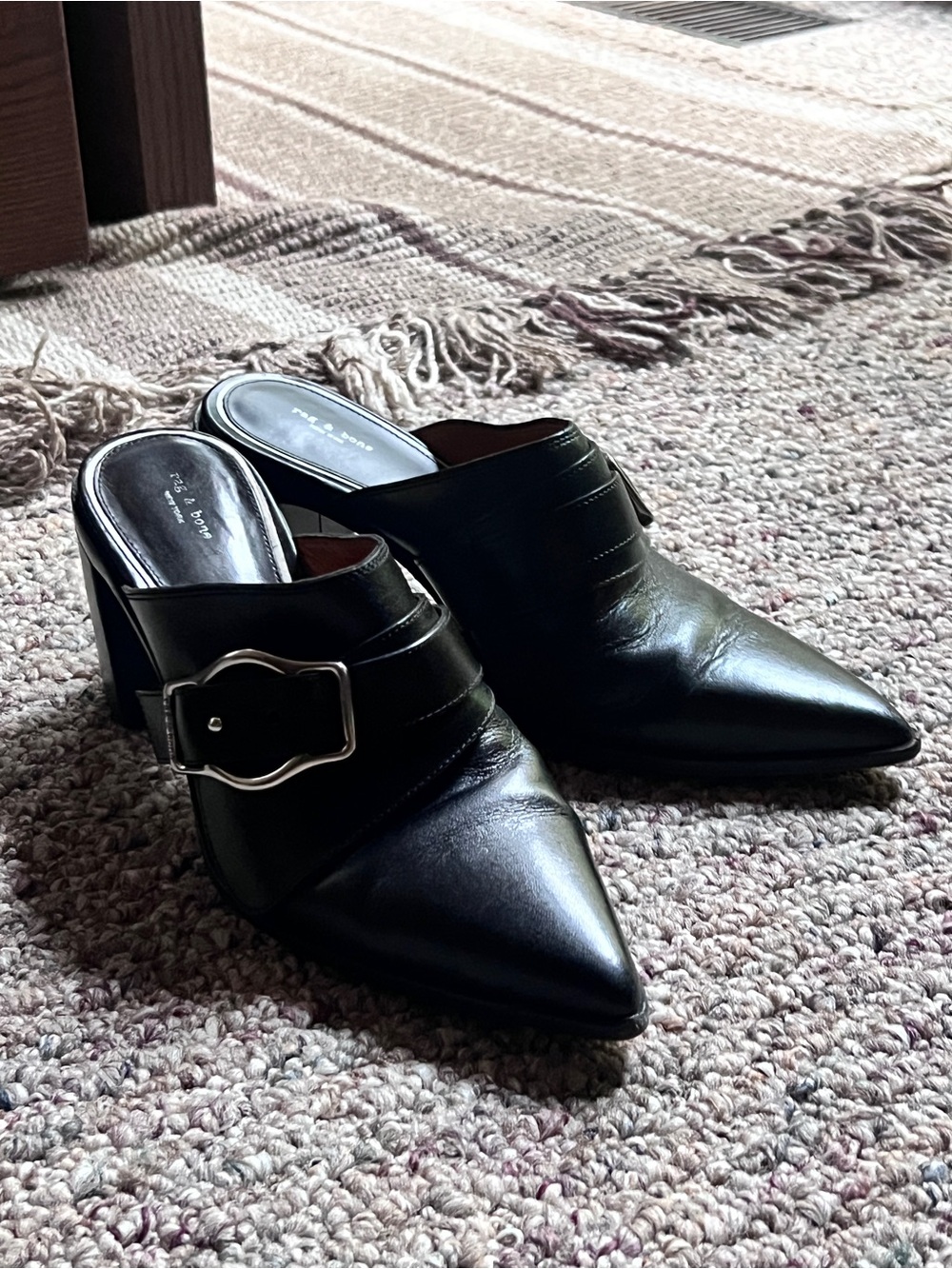 rag & bone Black Pointed Leather Mule Booties with Buckle